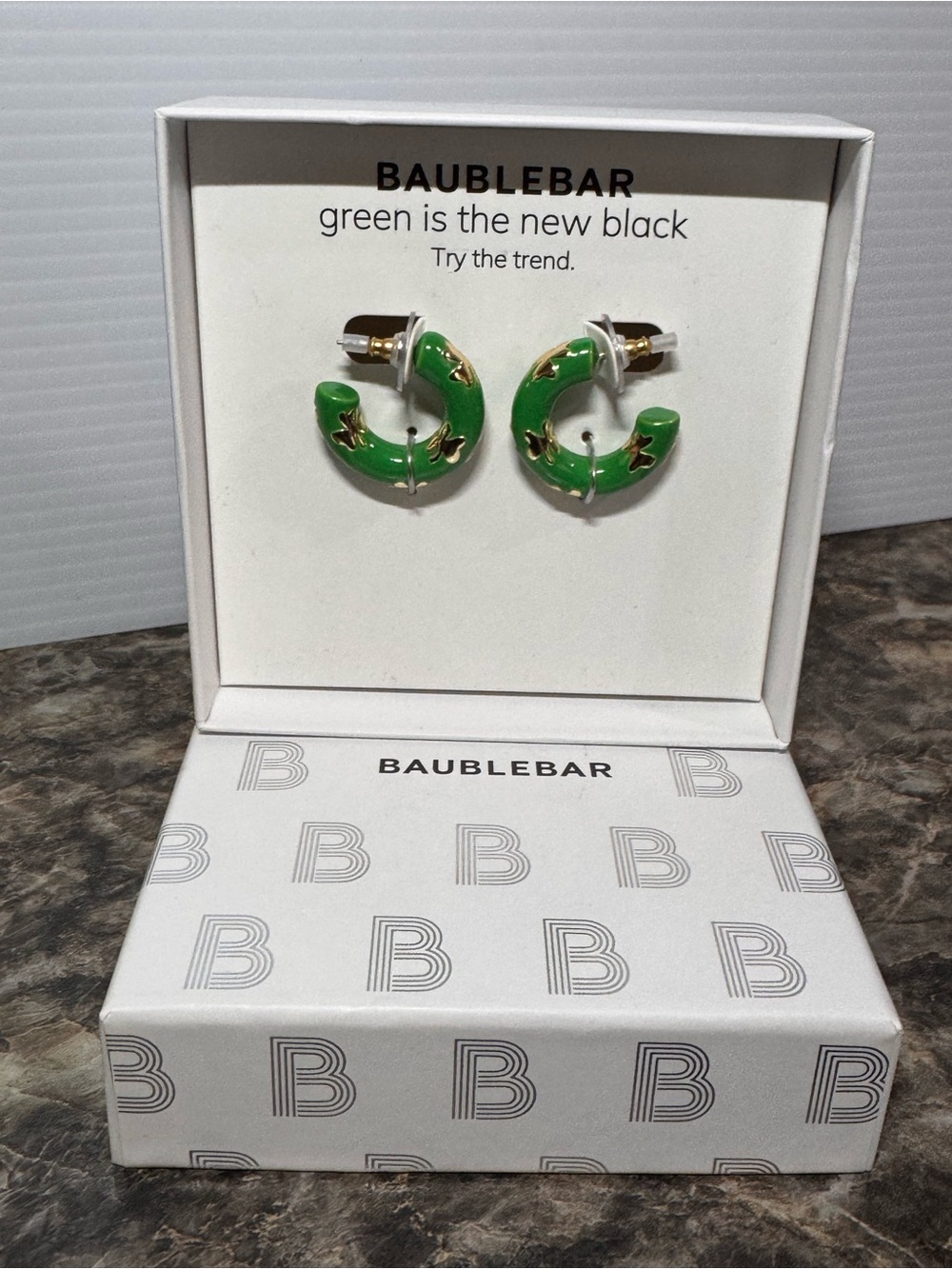 BaubleBar Green Enamel Hoop Studs with Gold Clover Accents New